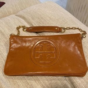 Tory Burch Leather Reva Clutch Shoulder Bag Brown